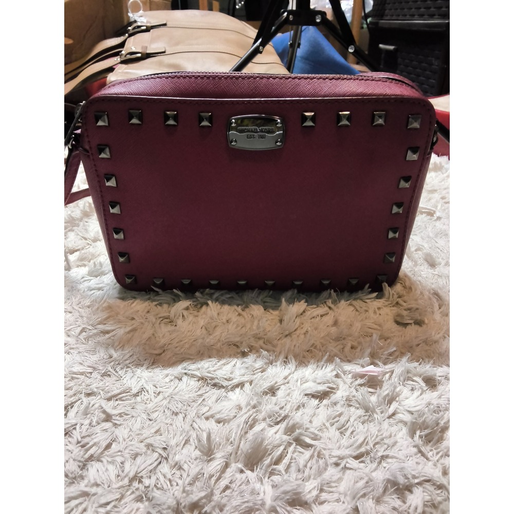 74Michael Kors Selma Studded Saffiano Leather Crossbody Bag Plum Burgundy Silver